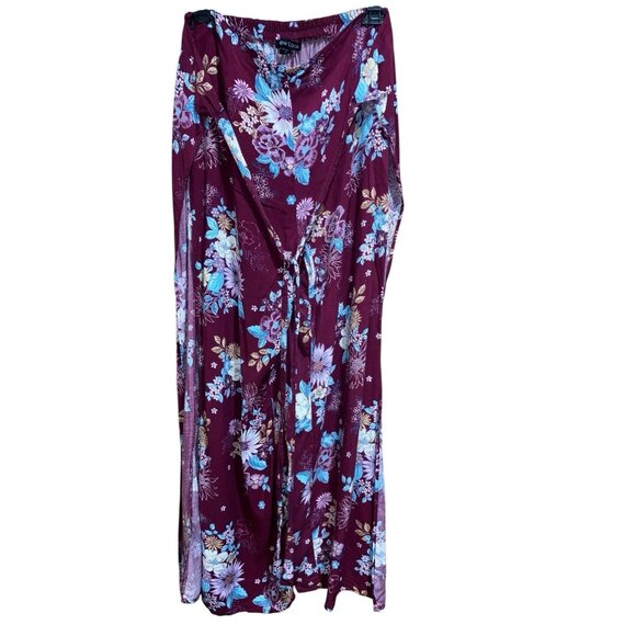 New Look Womens Wide Leg Pant S Maroon Floral Print Boho High Waist Slit Leg Tie - Picture 1 of 6